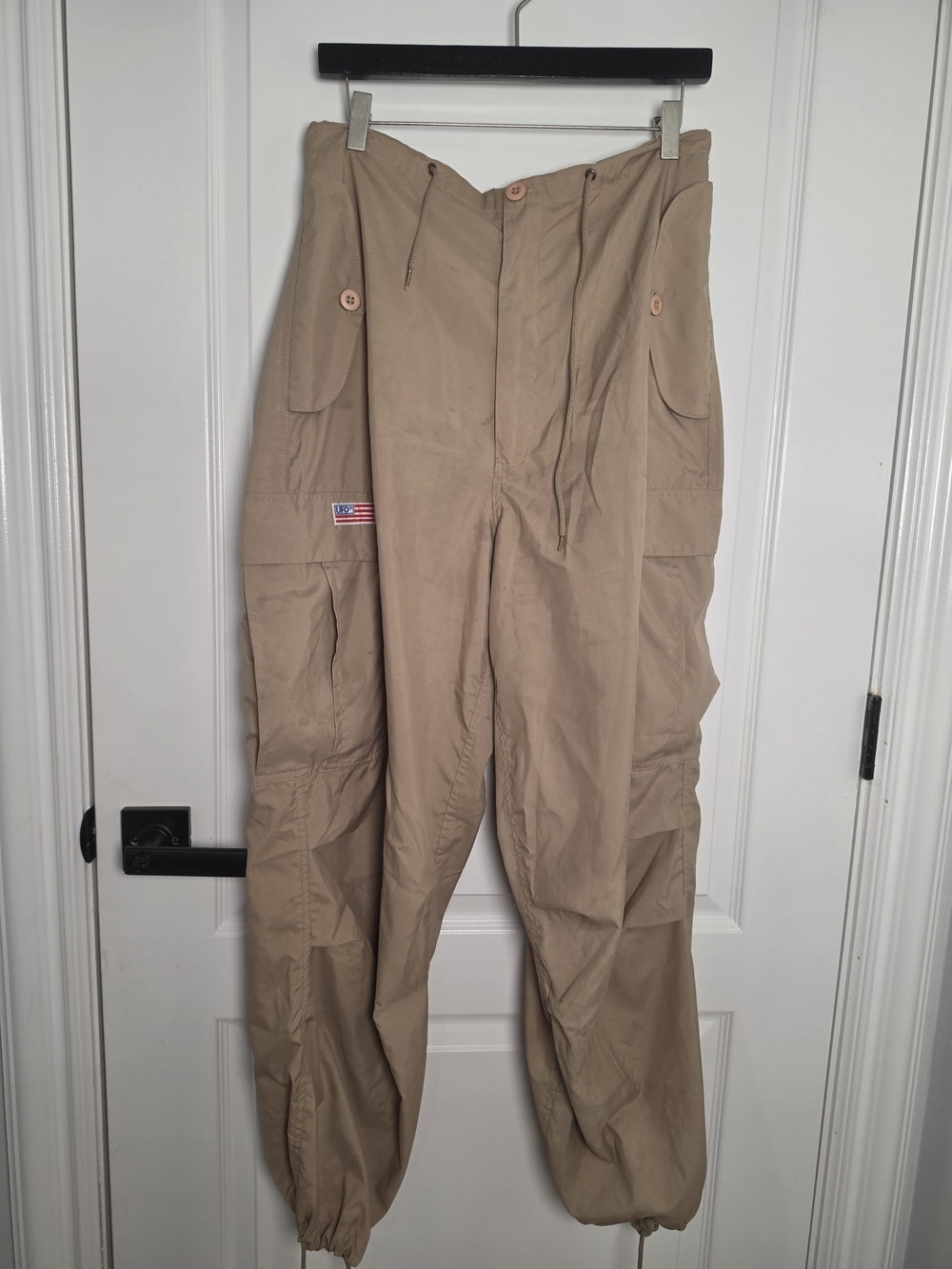 UFO Vintage Khaki Cargo Parachute Pants Size S Y2K Utility Drawstring